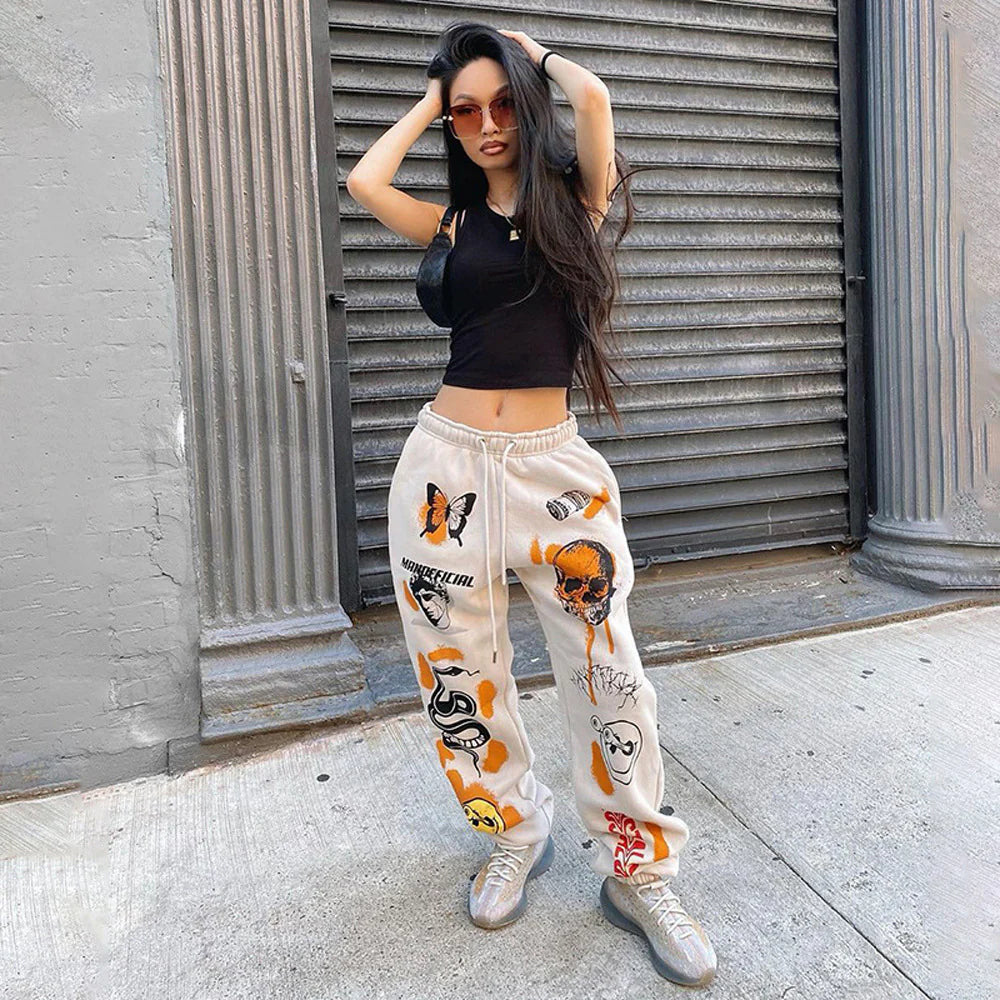 Women'S Cross-Border New Loose Printed Pattern Pocket Thickened Casual Pants